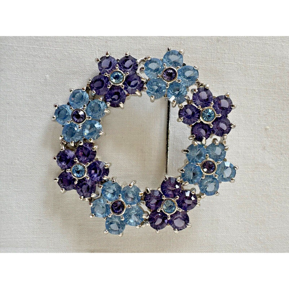 Nolan Miller Light Blue Lavender Crystal Flower Floral Brooch Round Signed - Picture 2 of 6